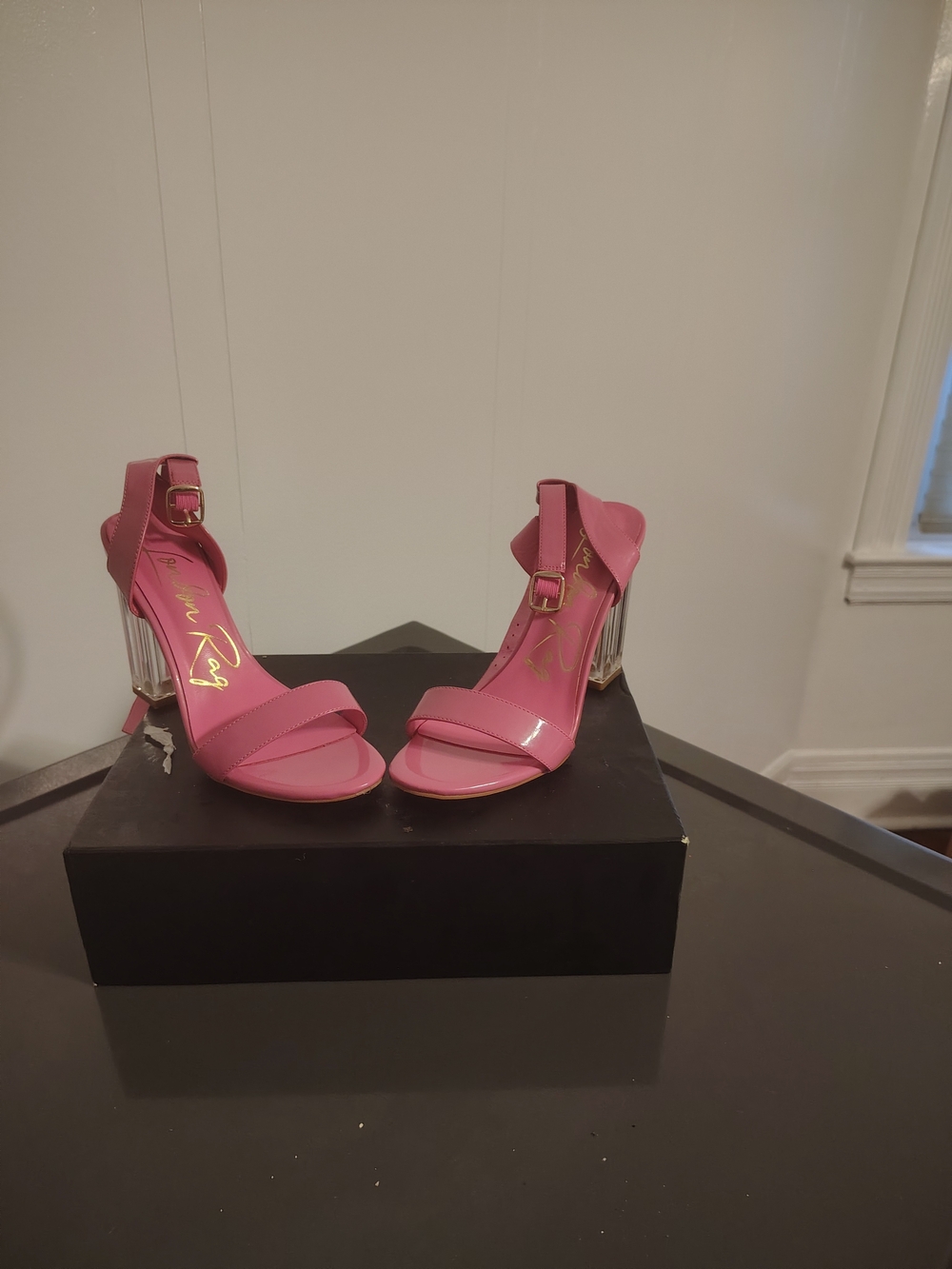 Women's Pink Ankle-Strap Heels with Clear Block Heel